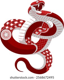 Year of the Snake 2025 Red Snake with Ornamental Design Vector Hand Drawn Illustration Isolated On Transparent Background