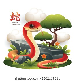 Year of the snake 2025 sign. 3d colorful snake with nature stone, grass vector illustration