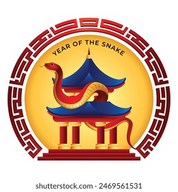 Year of the snake 2025 sign. red snake with pagoda and red frame vector design
