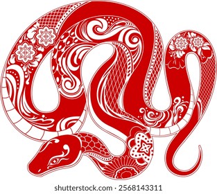 Year of the Snake 2025 Traditional Chinese Red Snake With Decorative Floral Patterns. Vector Hand Drawn Illustration Isolated On Transparent Background