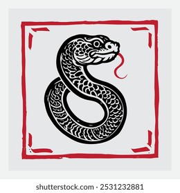 Year of the Snake: Ancient Chinese Zodiac Symbol in Modern Woodcut Style. Traditional Asian New Year Art with Contemporary Bold Design. Traditional Chinese Zodiac Animal in Bold Black and Red.