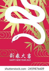 Year of the snake with bamboo pattern background card. Paper cutting style design with zodiac snake on gold and red background, oriental style pattern. Chinese text wishing good luck for new year.