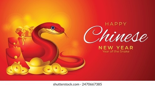 Year of the snake banner design, red Snake and golden traditional chinese ornament