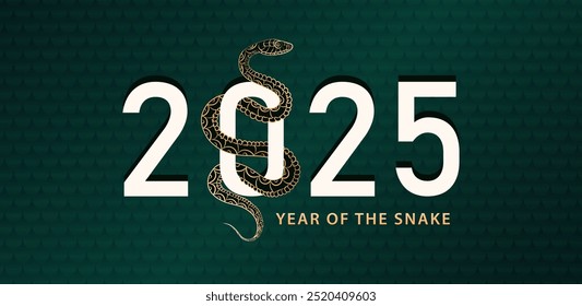 Year of the Snake banner with golden snake weaving through white 2025 text against a green background with reptile scales. Greeting card with snake as Chinese zodiac symbol, Oriental horoscope sign