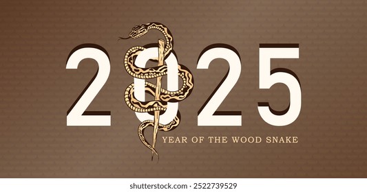 Year of the Snake banner with golden snake weaving through white 2025 text against a beige background with reptile scales. Greeting card with snake as Chinese zodiac symbol, Oriental horoscope sign