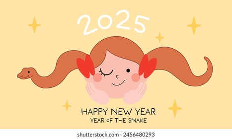 Year of the snake card with cute girl. Chinese new year 2025 greeting card, medusa little girl.