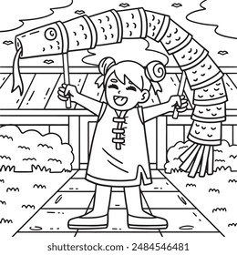 Year of the Snake Child with Snake Puppet Coloring