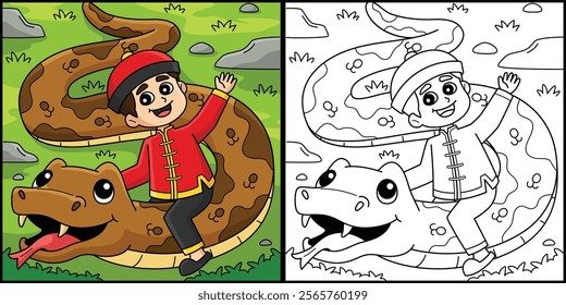 Year of the Snake with Chinese Boy Illustration