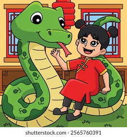 Year of the Snake Chinese Girl Colored Cartoon