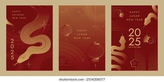 Year of the snake. Chinese New Year 2025. Traditional design set in gradient red and gold colors for poster, cover, greeting card, banner. Happy Lunar New Year. Chinese zodiac snake 