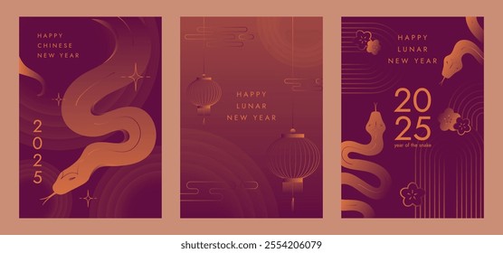 Year of the snake. Chinese New Year 2025. Modern vector design set in gradient purple and orange colors for poster, cover, greeting card, banner. Chinese zodiac snake. Happy Lunar New Year. 