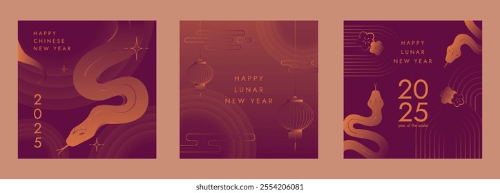 Year of the snake. Chinese New Year 2025. Modern vector design set in gradient purple and orange colors for social media post, greeting card, banner. Chinese zodiac snake. Happy Lunar New Year. 