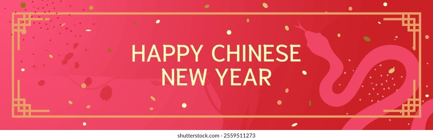 Year of the Snake Chinese New Year banner with gold snake symbol and festive red background