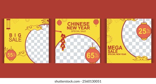 Year of the snake Chinese new year discount, social media template, greeting card or flyer for new year holiday in festive red and yellow colors. Vector illustration