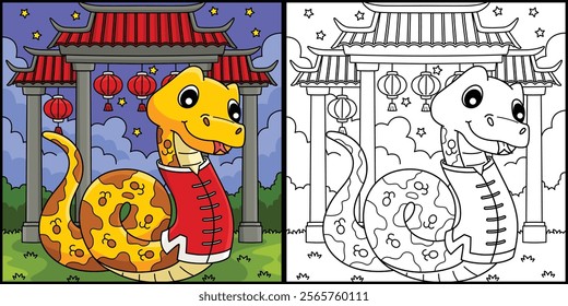 Year of the Snake in Chinese Temple Illustration