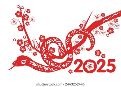 Year of the Snake, Chinese Zodiac Snake, Red Paper Cutout Design, Reptile on Plum Branch. Symbol of a happy new year. postcard for 2025