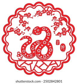 Year of The snake, Chinese Zodiac snake Red papercutting design, right side stamp image translation: Snake 