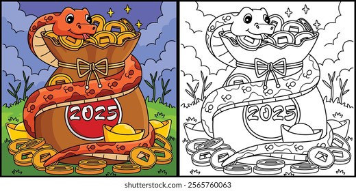 Year of the Snake Coiling Gold Coins Illustration