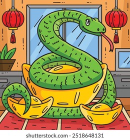 Año de la serpiente de oro lingote de dibujos animados de color 