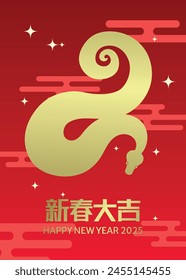 Year of the snake gold and red greeting card. Zodiac snake silhouette for lunar new year 2025.