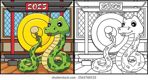 Year of the Snake with Gong Coloring Illustration