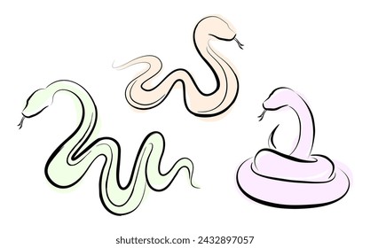 year of the snake. snake hand draw with brush stroke, illustration, outline style, line art, silhouette. water colour. chinese, japan, korea 12 zodiac grahic. 2025 lunar new year decoration.