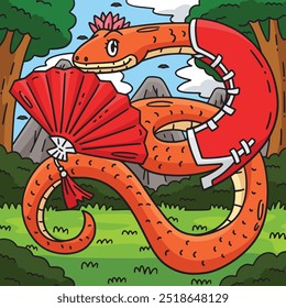 Year of the Snake with Hand Fan Colored Cartoon 