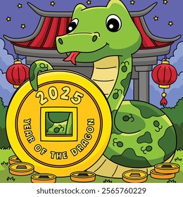 Year of the Snake Holding a Coin Colored Cartoon