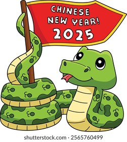 Year of the Snake Holding a Flag Cartoon Clipart