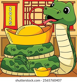 Year of the Snake Holding a Gold Colored Cartoon