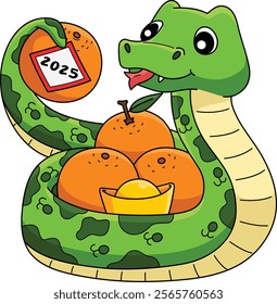Year of the Snake Holding Mandarin Cartoon Clipart