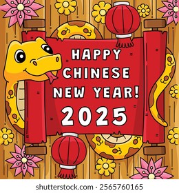 Year of the Snake Holding a Scroll Colored Cartoon