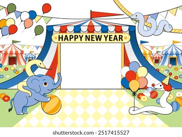 Year of the snake illustration new year's card greeting post card design material snake and elephant circus frame