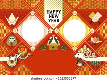 Year of the snake illustration new year's card greeting postcard design material snake parent and child lucky charm Japanese style frame