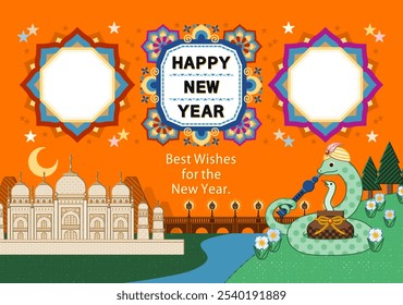 Year of the snake illustration new year's card greeting postcard design material Indian snake charmer snake and mandala frame.