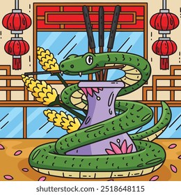 Year of the Snake and Incense Colored Cartoon 