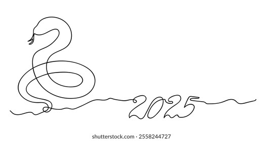 Year of the snake, inscription 2025. Congratulations, symbol of the year, continuous line drawing vector on a white background.