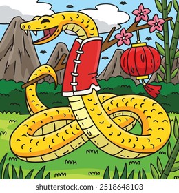 Ano da Cobra com Lanterna Desenho Animado Colorido 