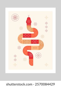 Year of Snake. Lunar New Year. Geometric flat illustration, character design. Poster, greeting card. Vector file.