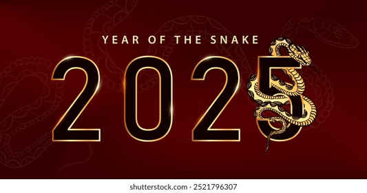 Year of the Snake luxury banner with a golden reptile weaving through bold shiny 2025 text against a rich red background. Greeting card with a snake as Chinese zodiac symbol, Oriental horoscope sign