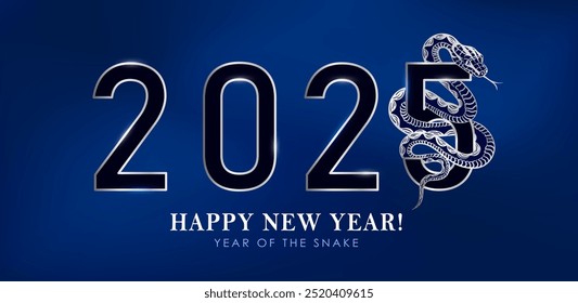 Year of the Snake luxury banner with a silver reptile weaving through bold shiny 2025 text against a dark blue background. Greeting card with a snake as Chinese zodiac symbol, Oriental horoscope sign