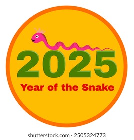 Year of the Snake Medallion. Snake crawling on the numbers 2025. Below is the text Year of the Snake. Vector illustration isolated on white.