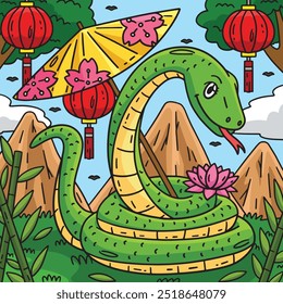 Year of the Snake with Oil Paper Umbrella Colored 