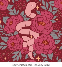 Year of Snake with Peonies Vector seamless pattern Chinese New Year
