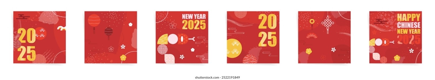 Year of the Snake Poster Template with Geometric  Snake Silhouette and Ornaments. Red and Gold Minimal Geometric Design for Lunar New Year Sale Cards and Promotions. Square Banner Set. 