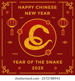 Year of the snake social media post greeting. Chinese New Year template background with golden snake and traditional hanging lantern on red