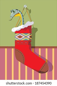 Year of the snake. Twelve Zodiac animals. Cute snake in a Christmas sock