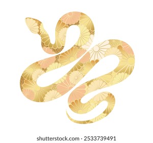 Year Of The Snake Vector Gold Zodiac Symbol Decorated With Japanese Vintage Chrysanthemum Pattern Isolated On A White Background. 