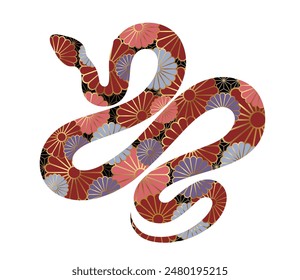 Símbolo Del Zodíaco Del Vector De La Serpiente Decorado Con Patrones Japoneses De Antiguas Aislados Sobre Un Fondo Blanco. 