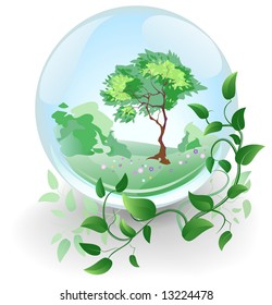 year souvenir ball from flow with green tree inwardly and flexible stalk with green sheet as stand